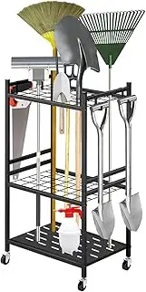 Garden Tool Organizer with Wheels, Yard Tool Tower rack for Garage Organization and Storage, Up to 35 Long-Handled Tools, Heavy Duty Steel Garden Tool Stand for Shed with 4 Hooks.