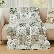Qucover Single Bedspread, American Style Green Patchwork Pattern Bedspread, Light Breathable Polyester Ultrasonic Quilting Coverlet Quilted Throw 150x200cm