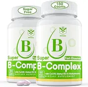 Super B Complex, Fast Dissolve & Chewable B Complex Vitamins with Methyl B12, Methyl Folate, Vitamin B6, Biotin Plus Choline, CoQ10 for Energy Support & Stress Relief, 2Pack, 180 Vegan Tablets