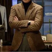 Men's Blazer Jacket Classic Thick Warm Solid Colored Brown Dark Grey Coffee Tailored Fit Single Breasted Two-buttons