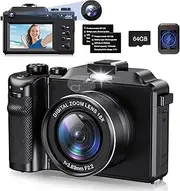 Digital Camera, 4K 64MP Autofoucs Vlogging Camera with 18X Digital Zoom, Compact Digital Camera with Flash Light & Anti-Shake, Photography Camera for Teenagers Beginners, 2 Batteries, 64G TF Cards