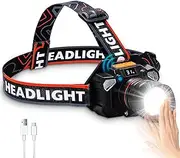 Headlamp,Power Display USB C Rechargeable Led Head Lamp, 100000 Lumen Super Bright Sensor Head Lights for Forehead with Red Light, Zoomable 180°Rotatable Head Flashlight for Adults Outdoor Adventures