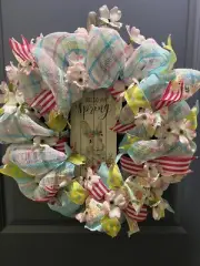 Hello Spring - Handmade Easter Wreath with Ribbon Flowers and Deco Mesh