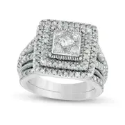 1.25 CT. T.W. Composite Princess Natural Diamond Frame Antique Vintage-Style Bridal Engagement Ring Set in Solid 10K White Gold