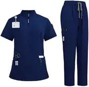 [VIAOLI] Scrubs for Women Set-Zipper Collar Top & Straight Pants Scrubs Set Medical Nursing Uniforms Clearance