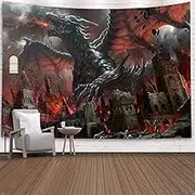 Meagtlva Wall Tapestry, Fantasy World Dragon Tapestry, In Medieval Dragon and Human Tapestry Mythology Art Wall Tapestry for Living Room,Tapestries Home Decor for Bedroom (Fire Dragon, M H51"×W59")