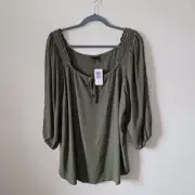 Torrid Blouse Top Womens 2X Olive Green Boho Peasant Tie Front Off The Shoulder