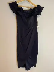 $295 NWT Aidan Mattox Woman's Midi Wrap Cocktail Dress Navy- Size 0 (B7)