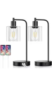 Set of 2 Industrial Touch Control Table Lamps with 2 USB Ports and AC Outlet