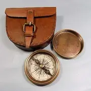 Compass Antique Brass Finish with Leather Case Brown Pivot 'The Road Not Taken' Engraved | Vintage Nautical Pocket Compass for Travel, Hiking, Camping, Gifts & Collectors 3" Maritime Navigation Tool