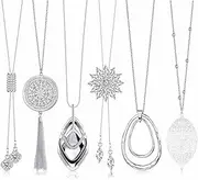 [Kakonia] 6Pcs Long Pendant Necklaces for Women Long Sweater Necklaces Silver Flower Tassel Disk Circle Leaf Statement Sweater Chain Necklace for Women Y Necklace Set Fashion Jewelry