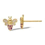14K Solid Yellow Gold Red CZ Bee Studs Honeybee Beekeeper Earrings