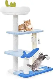 Costway Ocean-Themed Cat Tree, 3-Level Cat Tower w/Sisal Covered Scratching Posts, Hanging Interactive Toys, Top Perch, Jump Platforms, Spring Ball, Cute Cat Activity Center for Indoor Cats