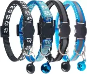 Breakaway Reflective Nylon Cat Collars with Bell - 2 Black + 2 Sky Blue
