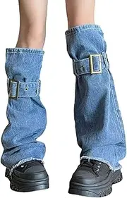 [Oxtxuzdm] Women Subcultures Jeans Leg Warmers with Buckled Straps Punk Washed Denims Baggy Flared Boot Covers Streetwear