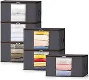 Lifewit 6 Pack Large Clothes Storage Bags Boxes with Lids, 75L Wardrobe Storage Organiser Packing Boxes for Moving House with Reinforced Handle Thick Fabric for Clothing Towel Blanket Bedding, Gray