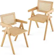 [Giantex] Rattan Dining Chair, Cane Kitchen Chair with Sturdy Bamboo Frame, Mid Century Modern Wicker Armchair for Kitchen, Dining Room, Living Room and Restaurant, Natural (2)