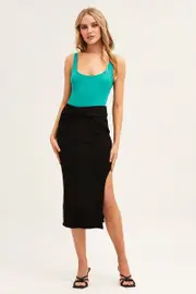 Black Midi Skirt High Rise Side Split Rib - Size 8, Women's Midi Skirt