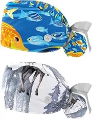[WOSHJIUK] Working Hat 2 Pack Scrub Caps for Women,Deep sea Colored Sea Fish,Tie Back Cap Adjustable Scrub Hat