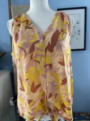 Nine West Tank Top Shirt Sleeveless Blouse Tie Front Yellow Floral Small S NWT