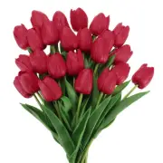 24Pcs Fake Tulips Artificial Flowers, PU Tulips with Stems, Wine red