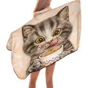 Funny Kittens Drinking Hot Chocolate Tabby Cat Microfiber Beach Towel