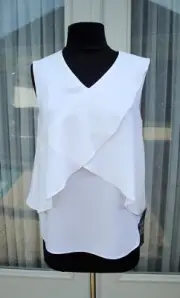 BCBGMAXAZRIA Waterfall Ruffle Crepe de Chine Sleeveless Blouse White XS NWT