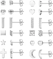 [Sanfenly] 12Pairs Stainless Steel Stud Earrings for Women Men Heart Star Moon CZ Cute Tiny Cartilage Minimalist Geometric Stud Earrings Hypoallergenic Stud Earrings Set for Multiple Piercing