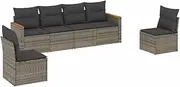 vidaXL 6 Piece Modular Garden Sofa Set - Grey Poly Rattan Patio Furniture with Cushions and Acacia Wood Armrests, Weather-Resistant Lounge Seating for Backyards and Terraces