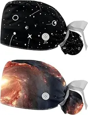 [YTYVAGT] 2-Pc,Nurse Scrub Caps,Scrub Hats with Buttons and Cotton Sweatband,Universe Pattern Constellation