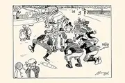 A Cartoon of Children Playing on a Street Activities Include Marbles Jump Rope and Playing The Harmonica The Cartoon was Drawn by Clare Briggs for The Book Oh Skin-nay The Days of Real Sport in 1913
