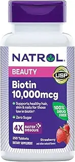 Natrol Biotin 5000 mcg, Strawberry Flavor, Fast Dissolve Tablets, Extra Strength, 250 Count