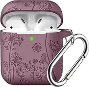 [WJK] Compatible with Apple AirPods 1st/2nd Generation Charging Case, Stylish Soft Silicone Flower Print Engraved Protector with Keychain Compatible with AirPods Case, Smoke Purple