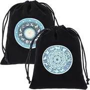 CREATCABIN 2Pcs Tarot Cards Bags Velvet Drawstrings Bags Dice Tarot Cards Holder Pouches Black The Zodiac Tarot Jewelry Storage Bag Wrap for Enthusiasts Crystals Dices Witchcraft 5x6Inch