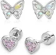 [WOZNU] 2 Pairs 925 Sterling Silver Small Stud Earrings for Girls Children Butterfly Heart Cubic Zirconia Cartilage Earrings Set for Women Children Hypoallergenic Stud Earrings Set