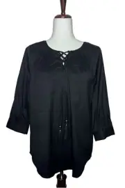 Chicos Poplin Peasant Top Womens Size 4/6 Black Tassels NEW