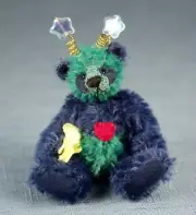 DEB CANHAM " GALAXY" A GREEN AND NAVY MOHAIR PANDA MARTIAN BEAR WITH RED HEART