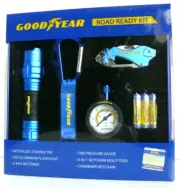Goodyear ROAD READY KIT Flashlight, Gauge. Multitool Carabineer, Keychain IN TIN