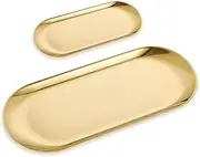 Stainless Steel Decorative Tray, Jewelry Dish Cosmetics Organizer Bathroom Towel Clutter Serving Platter Small Storage Tray, 12 and 7 Inch Set of 2, Oval, Gold