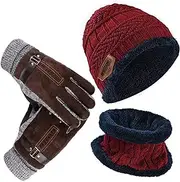 [YULOONG] Beanie Hat Scarf Gloves Set Winter Knitted Hat Neck Warmers Touch Screen Driving Gloves Unisex