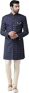 [KISAH] Men Indo Western Sherwani Trouser Set, Pink Cotton Blend, Printed Regular Fit Mandarin Collar Long Sleeves