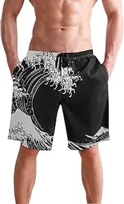 [XYMZR] Japanese Waves Black Men's Swim Trunks Quick-Dry Bathing Suit Swimming Board Shorts S