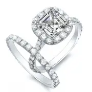 1.86 Ct. Asscher Cut Round Pave Halo Diamond 14K Gold Bridal Ring Set GIA D,VS2