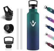Vikastar Stainless Steel Drinking Bottle, Thermos Flask, 750 ml, BPA-Free Drinking Bottle, Thermos Bottle with Straw, Drinking Bottle for School, Sports, Bike, Camping, Dark Green & Dark Blue