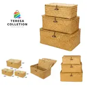 Shelf Baskets with Lid Set of 3, Handwoven Seagrass Storage Bins Box Rectangu...