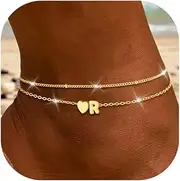 [KAERUN] Initial Heart Gold Ankle Bracelets for Women Trendy 14K Gold Plated Dainty Layered Letter A-Z Heart Charm Anklets Set Non Tarnish Adjustable Anklet Handmade Waterproof for Summer Beach Foot Jewelry