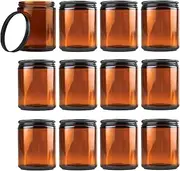 [PackMyProduct] 12 x 270ml Amber Round Glass Jar with Black Coated Aluminium Wadded Cap | Candle Making Empty Glass Jars | Food Container Storage, Spices Jar, Brown | for Liquid, Cream (8 oz)