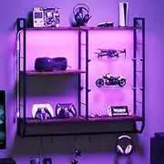 EYCOAL Gaming Floating Shelves, Wall Mounted Wooden Decor Display Shelf with 34" LED Lights and Adjustable Glass Bar Wine Shelf, Extra Hanging Hooks Storage for Gaming Room and Living Room