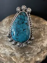 Native Navajo Sterling Silver Blue Spiderweb Turquoise Ring Size 10 01063