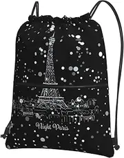 Night Paris Eiffel Tower Print Drawstring Backpack Gym Bags Sports Bags With Zipper Pocket For Travel Beach, Black, One Size